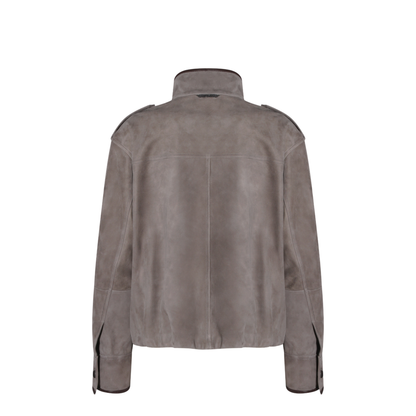 Faded Green Jacket With High Neck And Front Patch Pockets In Suede - Image 3