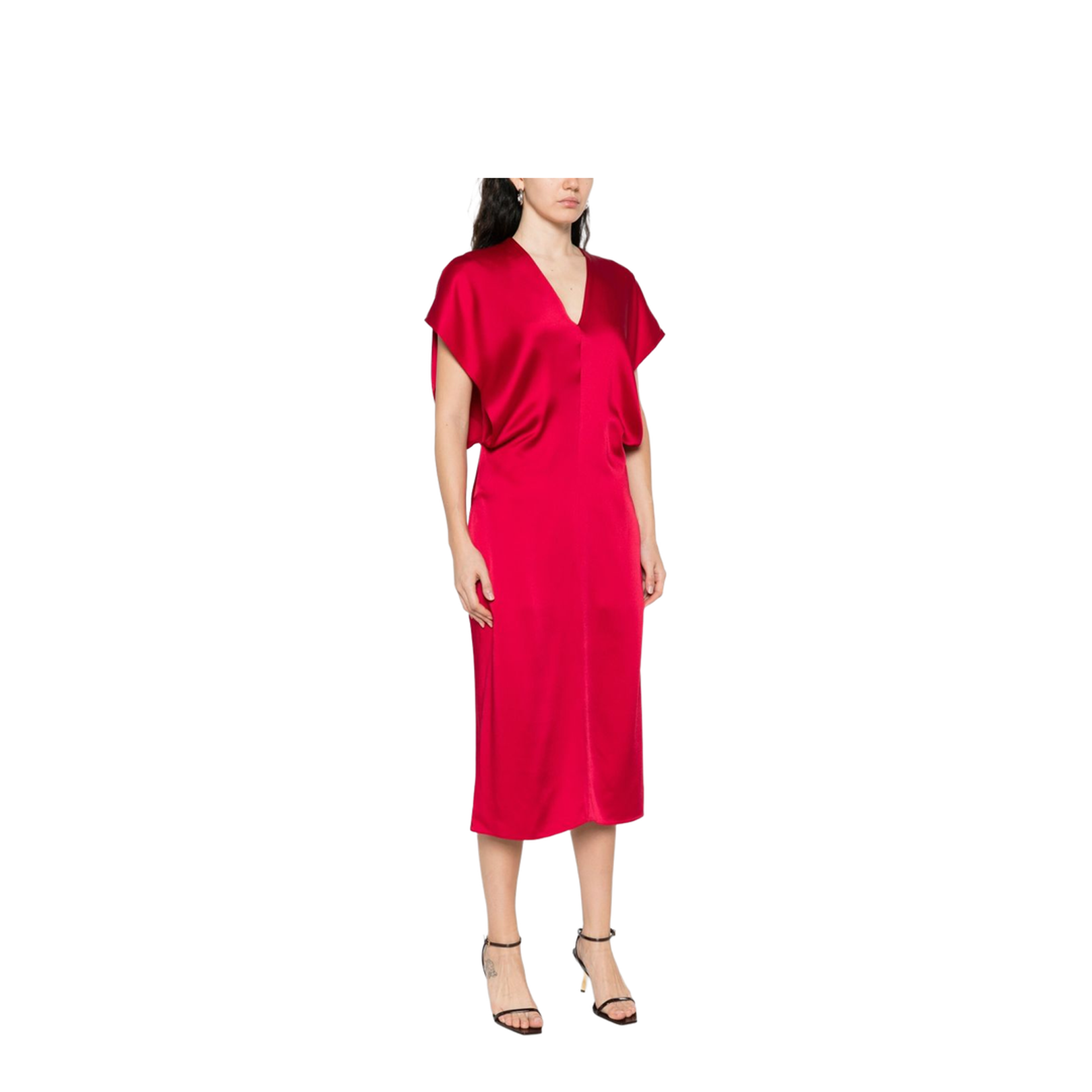 Satin V-necked Midi Dress - Red - Image 3