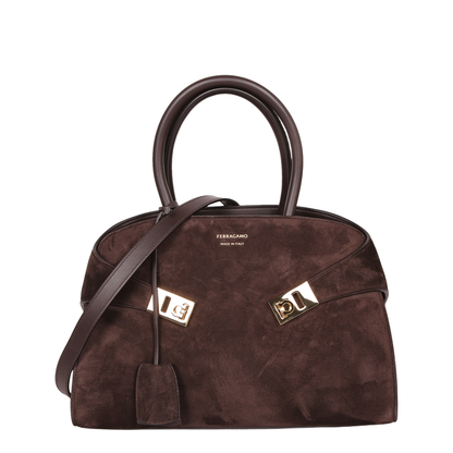 Hug Medium Calf Leather Top Handle Bag - Testa di Moro - Image 5