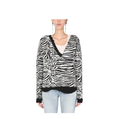 Black White Wool Mohair Blend Zebra-Pattern Ripped Jumper - Image 1