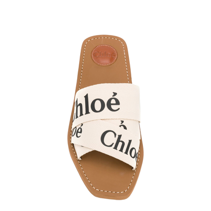 White Linen All-Over Logo Print Low Stacked Heel - Image 4