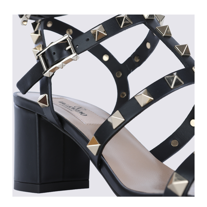 Rockstud Calfskin Leather Sandals with Studs in Black - Image 7