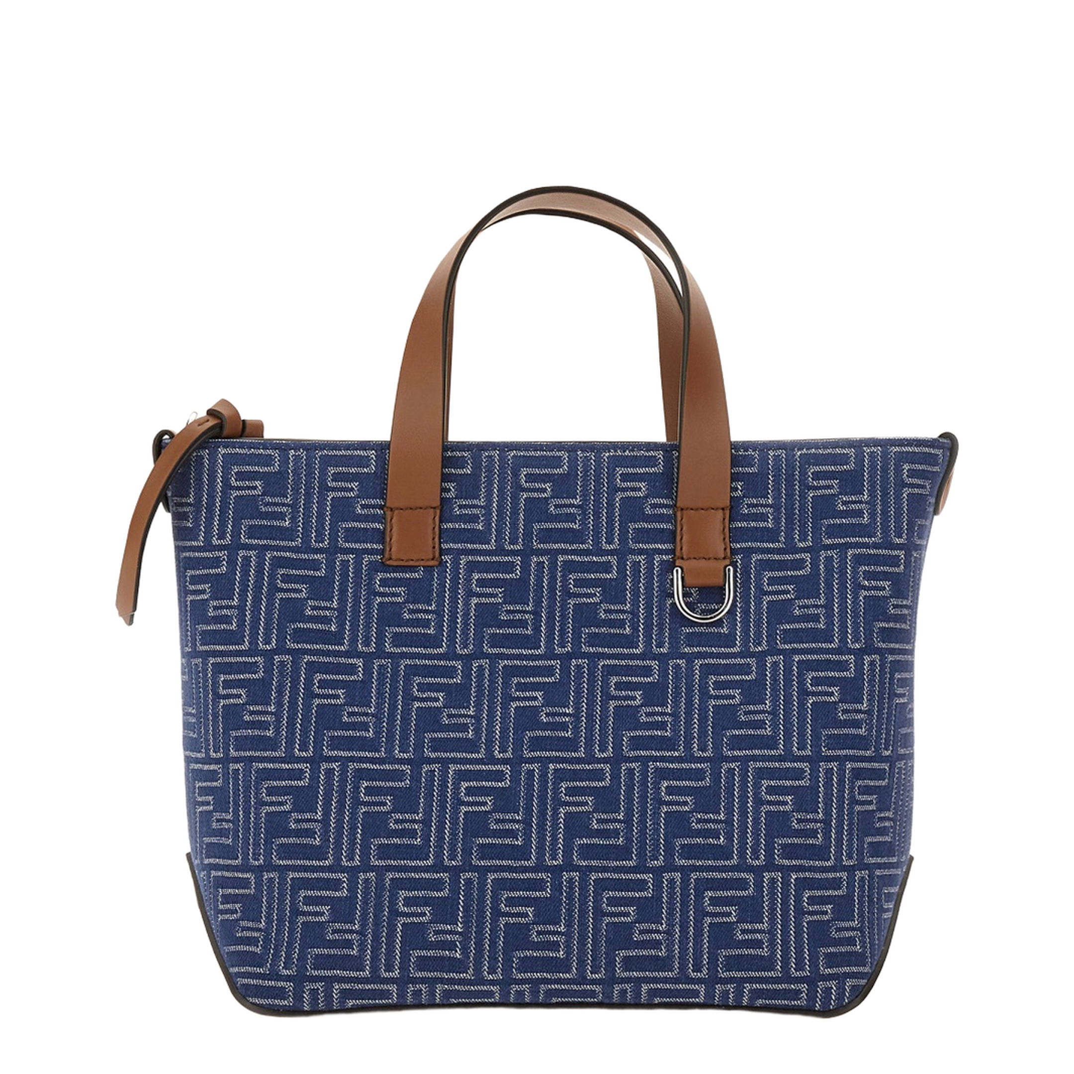 FF Leather Denim Effect FF Jacquard Blue And Brown Small Shopping Bag - Image 1