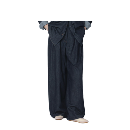 Indigo Denim Wide-Leg Trousers with Pleats - Image 1