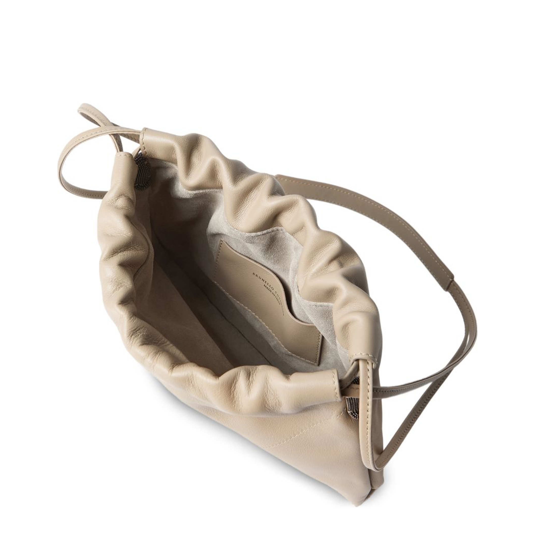 Drawstring Leather Shoulder Bag - Beige - Image 5