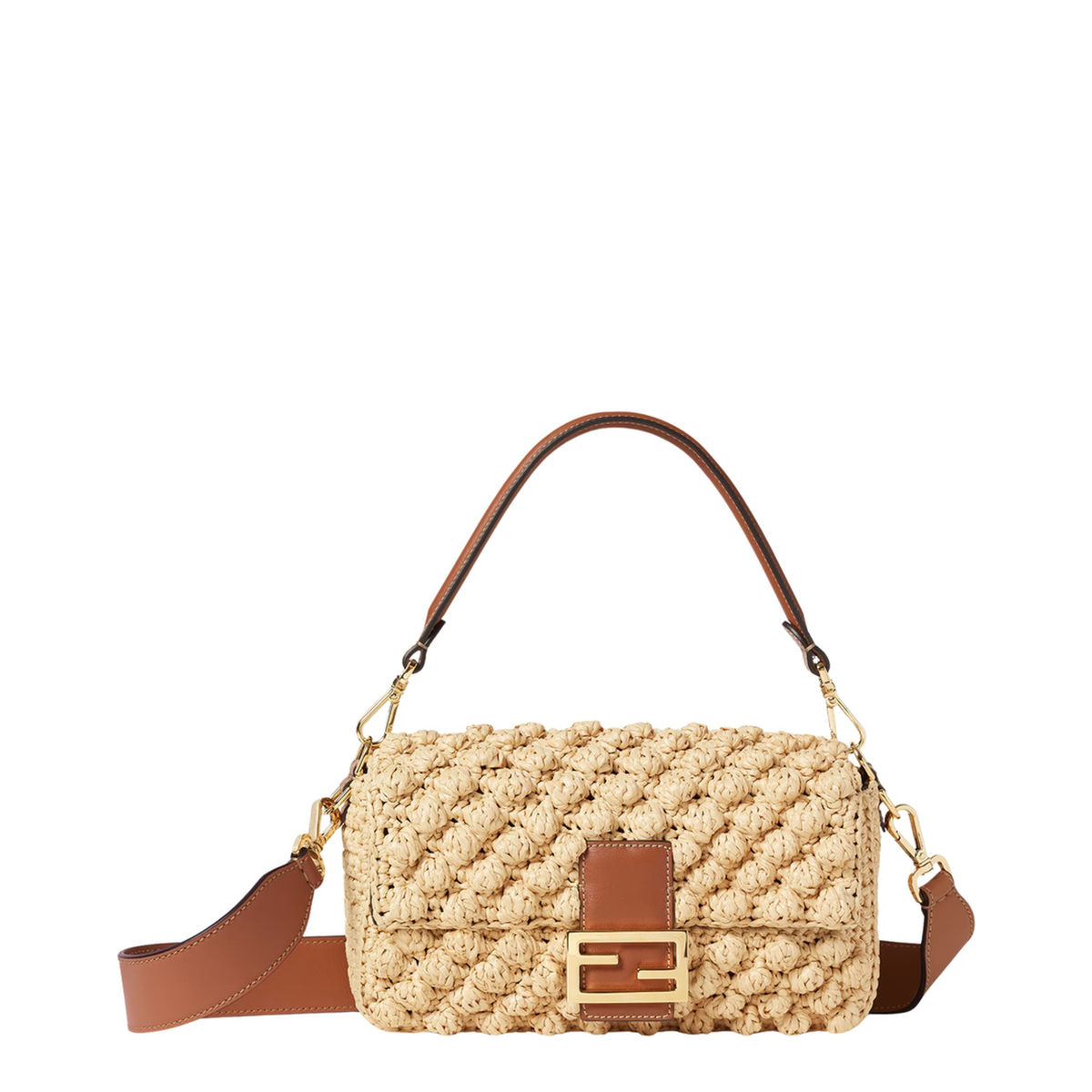 Baguette Hazelnut-Stitch Raffia-Effect Shoulder Bag - Beige - Image 1