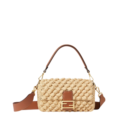 Baguette Hazelnut-Stitch Raffia-Effect Shoulder Bag - Beige - Image 1