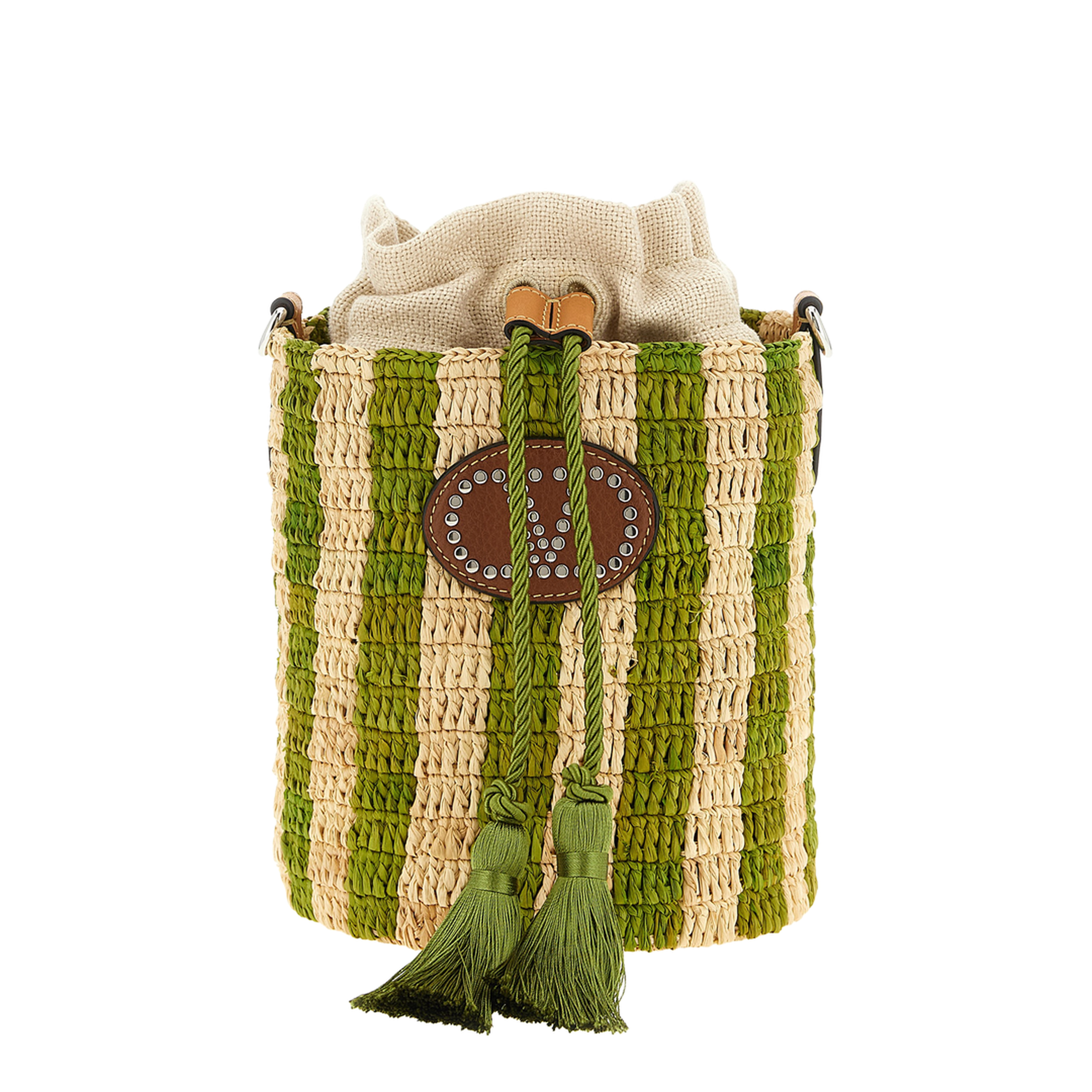 Small Striped Raffia Bucket Bag - Beige/Green - Image 1