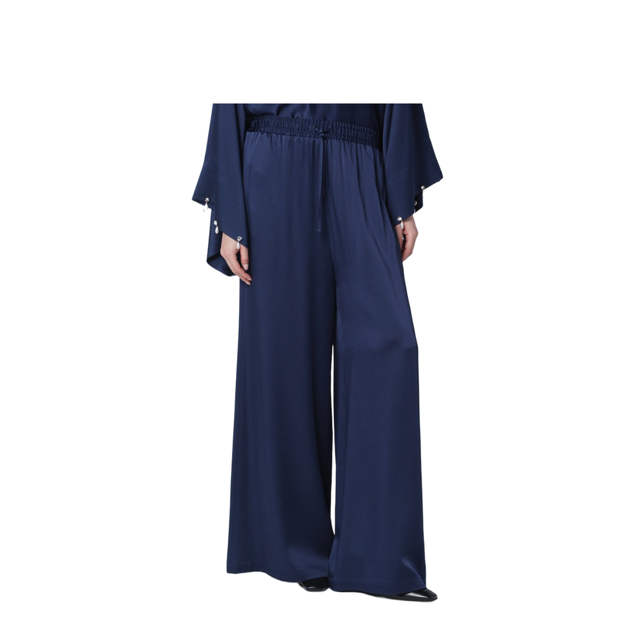 Navy Blue Oversized Viscose Satin Trousers - Image 1