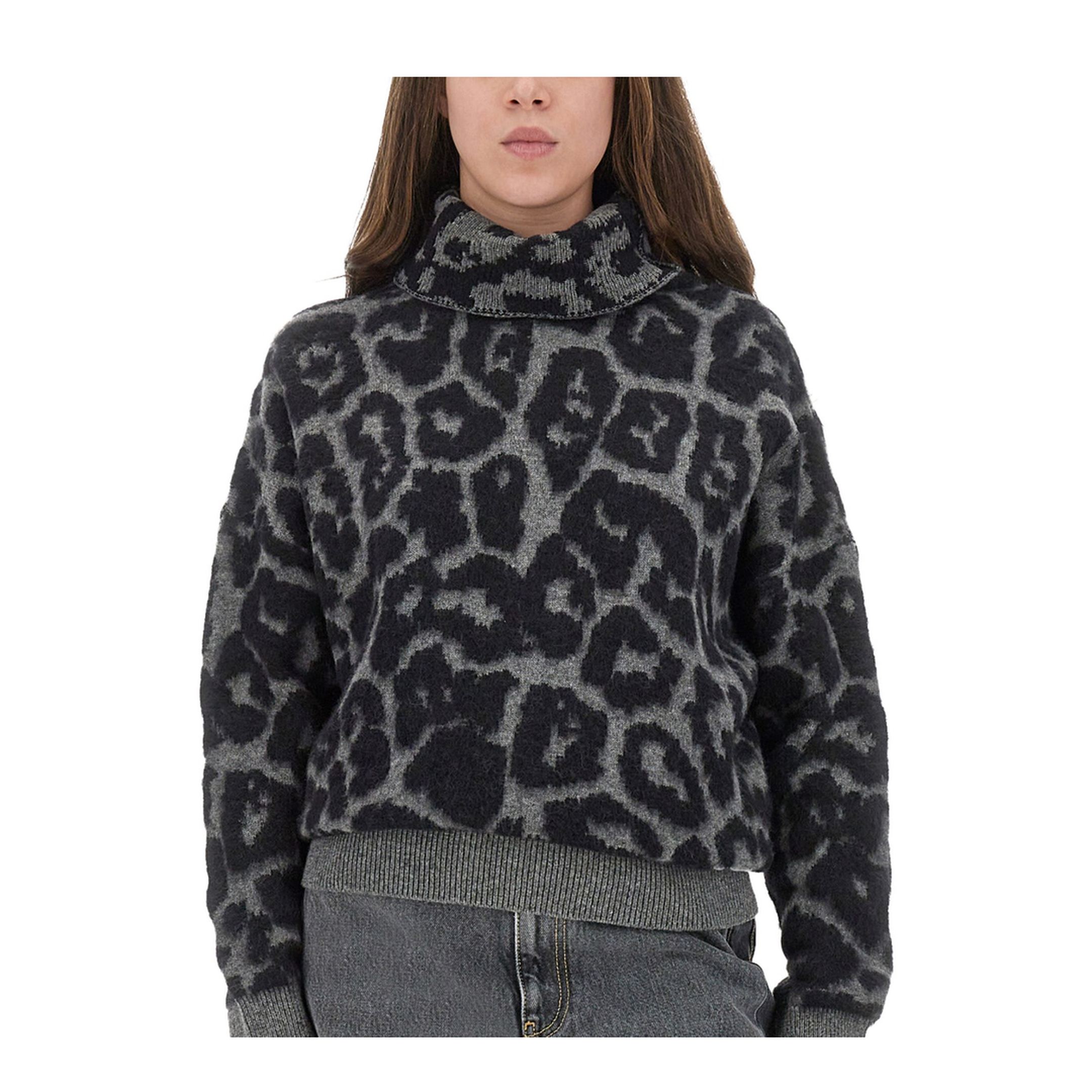 Black/Grey Leopard Jacquard Turtleneck Jumper - Image 4