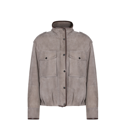 Faded Green Jacket With High Neck And Front Patch Pockets In Suede - Image 1