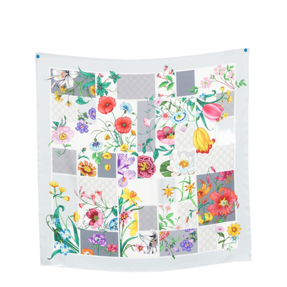 Printed Silk Twill Carré in Light Grey and Multicolour - Image 1