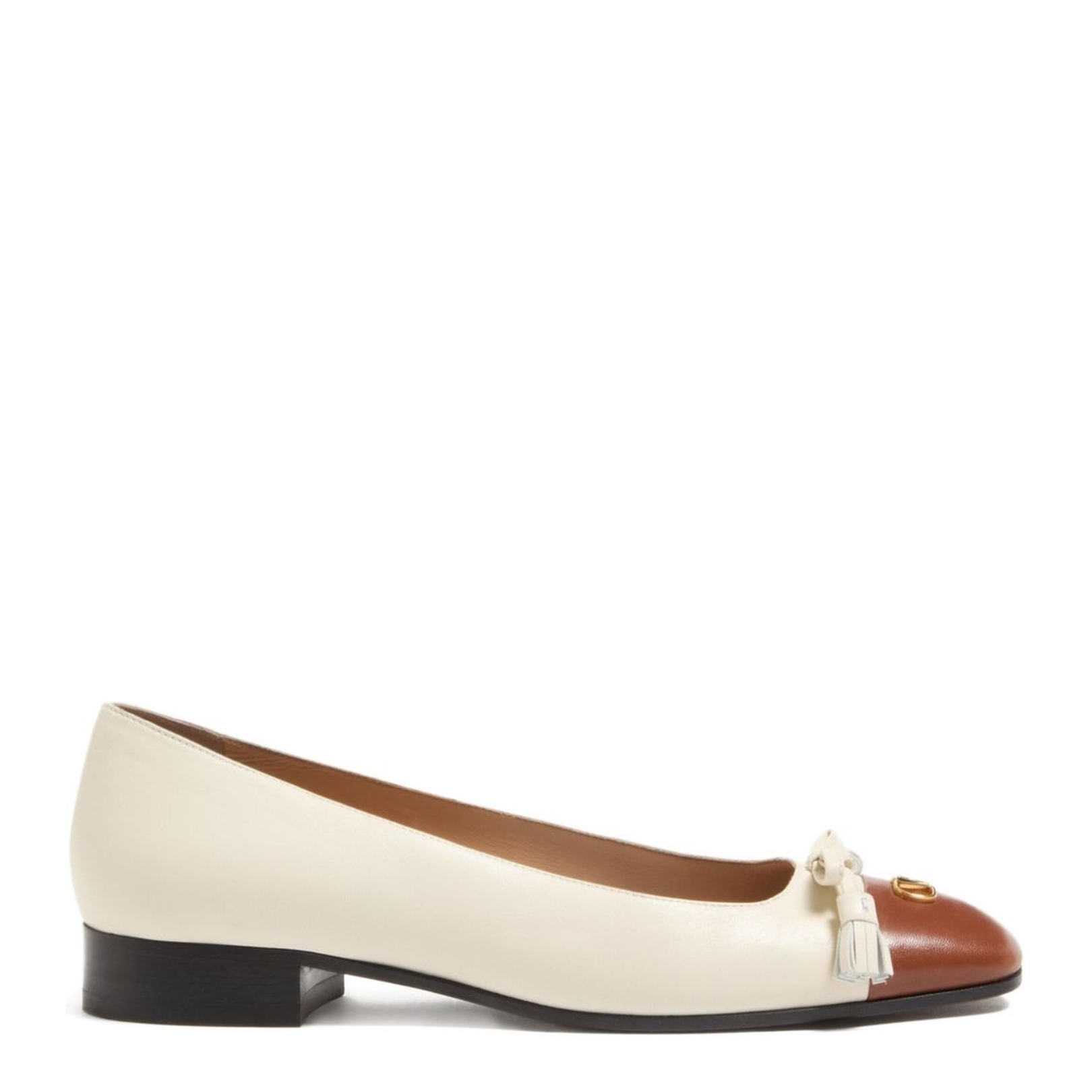 Off-White Brown Leather Toe Cap Tassel Detailing Gold-Tone Logo Accent Low Block Heel - Image 1