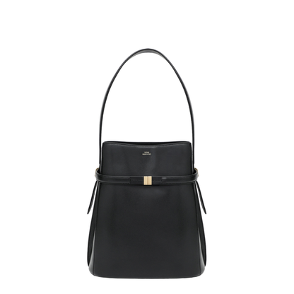 Black Leather Bucket Bag with Strap - Image 1