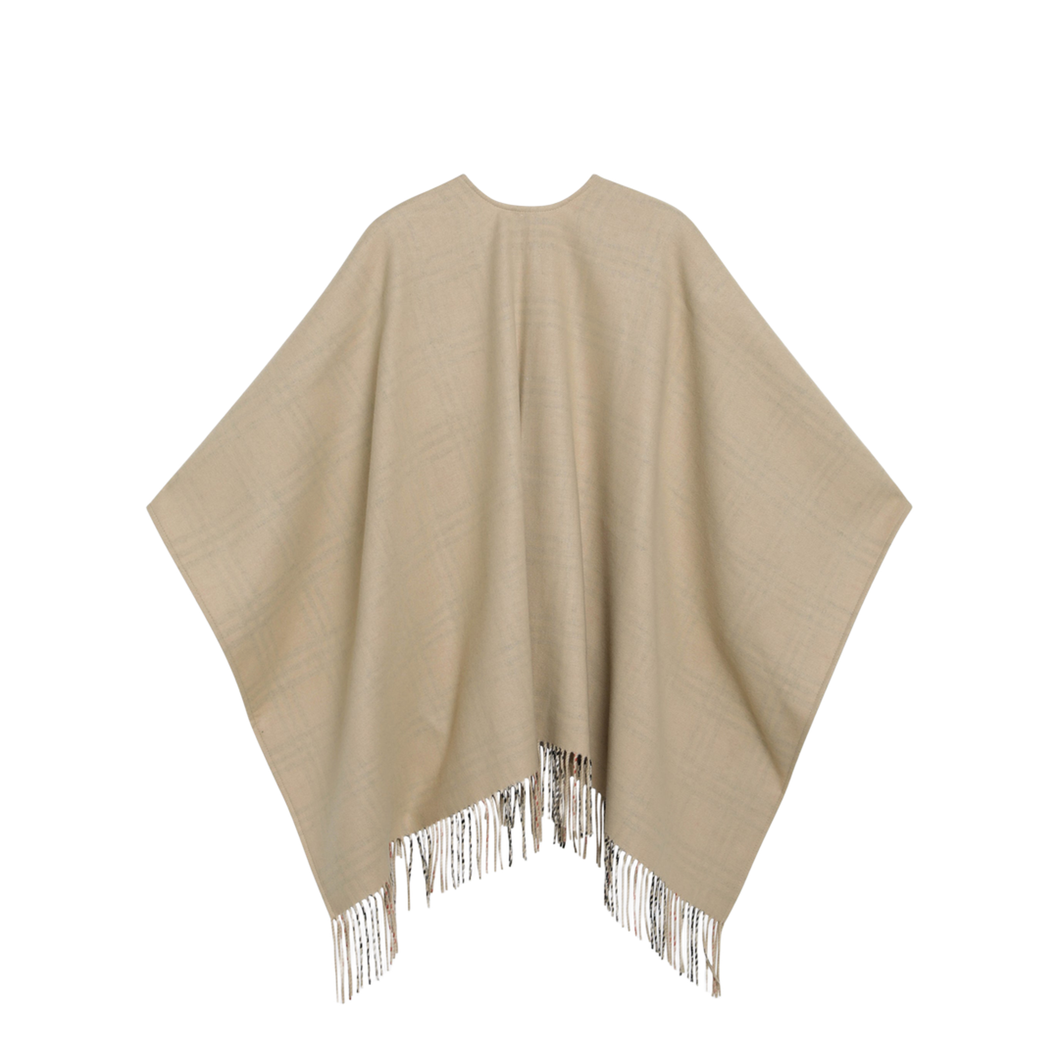 Reversible Wool Check Cape with Fringes in Sand Beige - Image 2