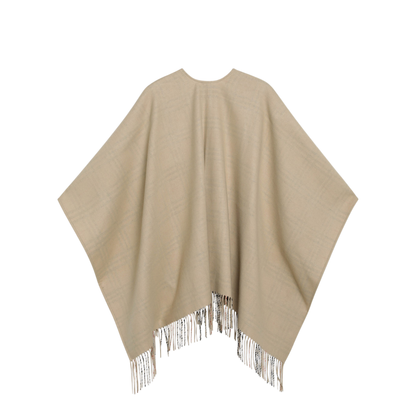Reversible Wool Check Cape with Fringes in Sand Beige - Image 2