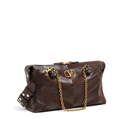 Panthea Medium Shoulder Bag in Suede and Nappa Leather with Chevron Motif - Image 4