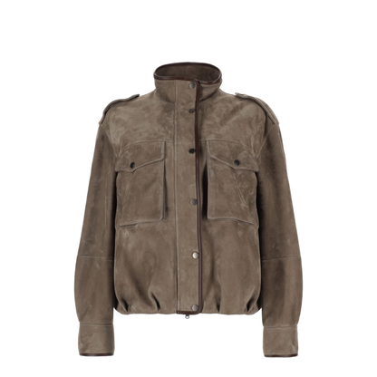 Faded Green Jacket With High Neck And Front Patch Pockets In Suede - Image 1