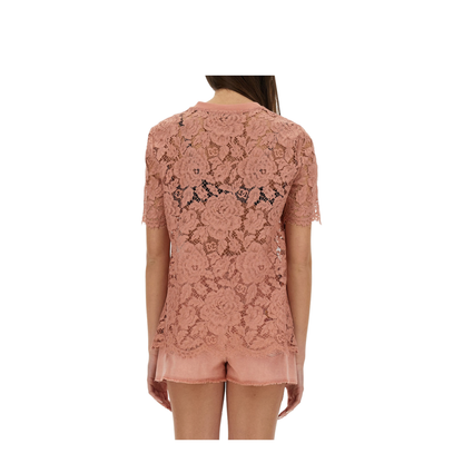 Short-sleeved Cordonetto Lace T-shirt in Pink - Image 3