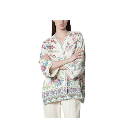 Cotton-Blend Basketweave Kesa with Flora and Fauna Motif - Image 1