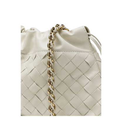 Off-White Leather Woven Design Drawstring Closure Chain-Link Shoulder Strap Gold-Tone Hardware - Image 4