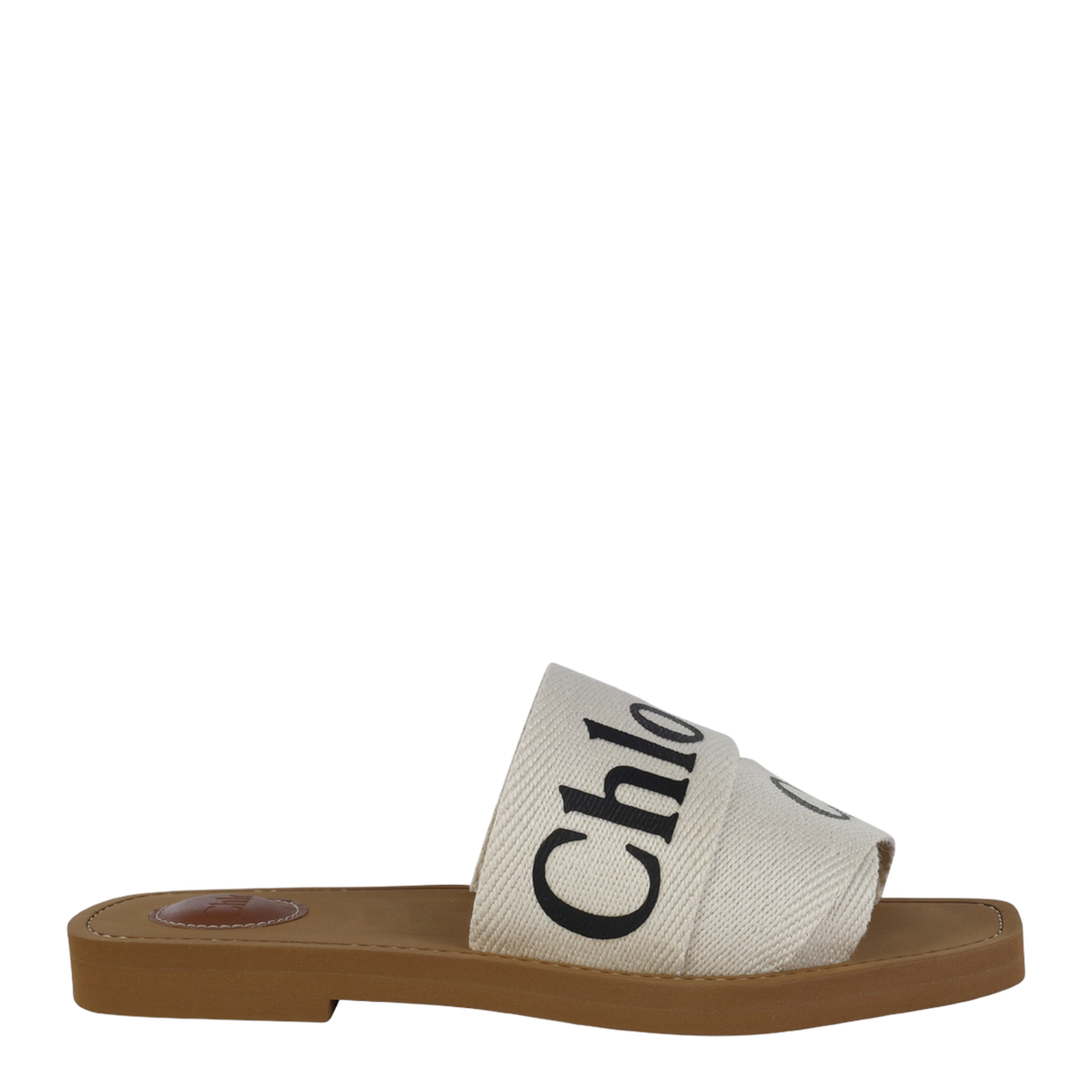 White Linen All-Over Logo Print Low Stacked Heel - Image 5