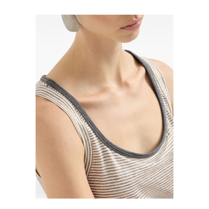 Linen Striped Crew Neck Top with Contrasting Trim and Necklace - Image 4
