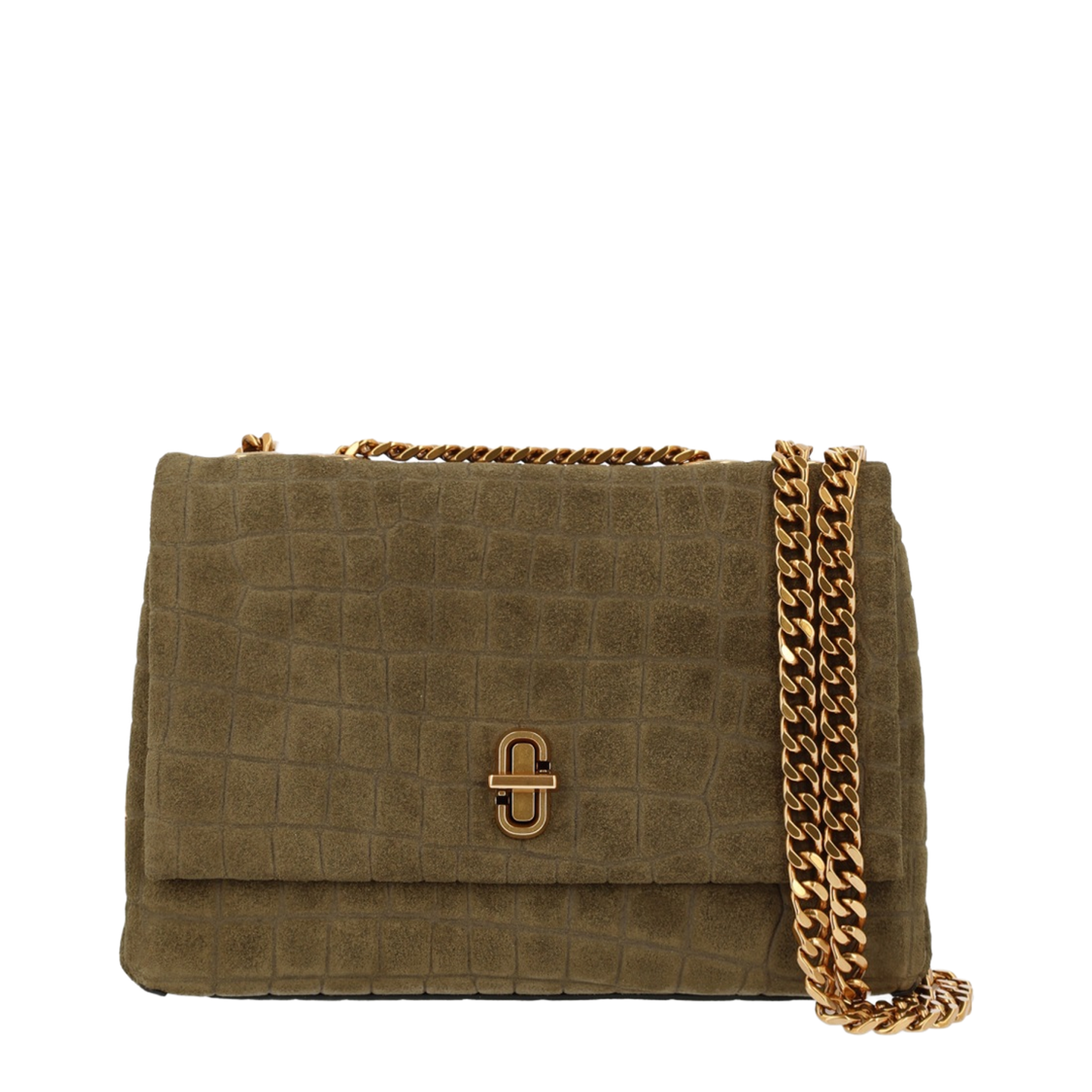 Slim Croc Suede Dual Chain Shoulder Bag - Olive Green - Image 1