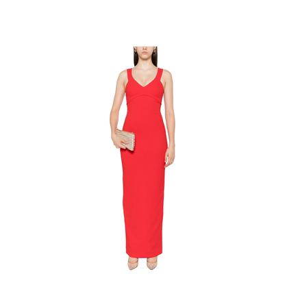 Red Sleeveless Design V-Neckline Fitted Bodice Maxi Length Straight Skirt - Image 5