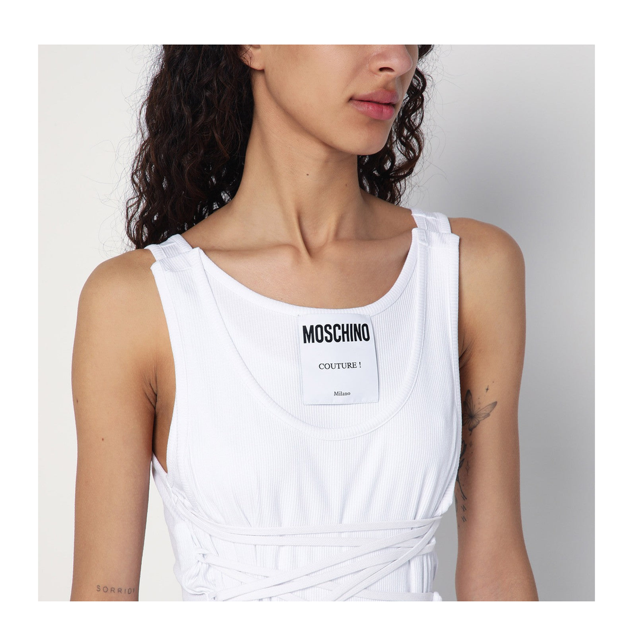 White Tank Top in Cotton with Laces - Image 2