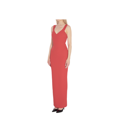 Red Sleeveless Design V-Neckline Fitted Bodice Maxi Length Straight Skirt - Image 2