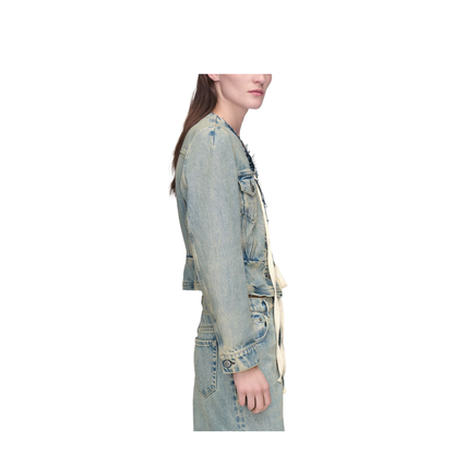 Light Blue Cotton Denim Jacket With V-Neck - Image 2