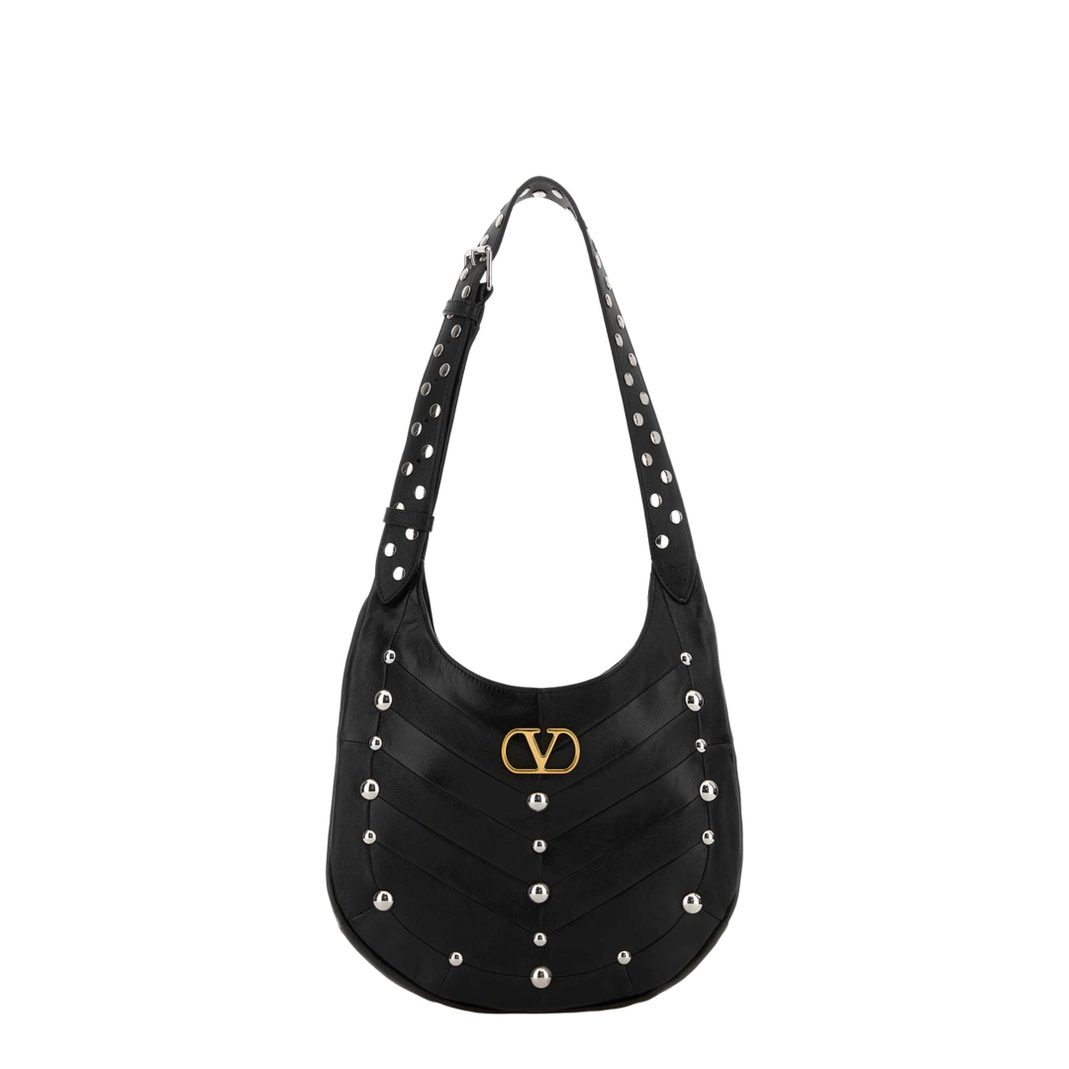 Hoboho Nappa Leather Hobo Bag With Chevron Pattern And Studs Black - Image 1