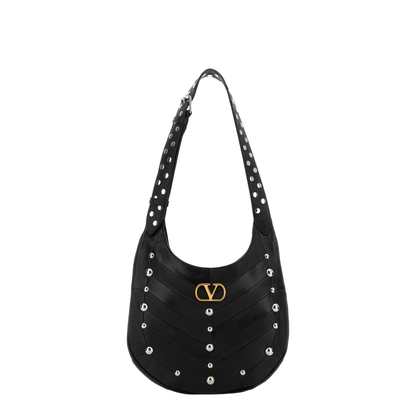 Hoboho Nappa Leather Hobo Bag With Chevron Pattern And Studs Black - Image 1