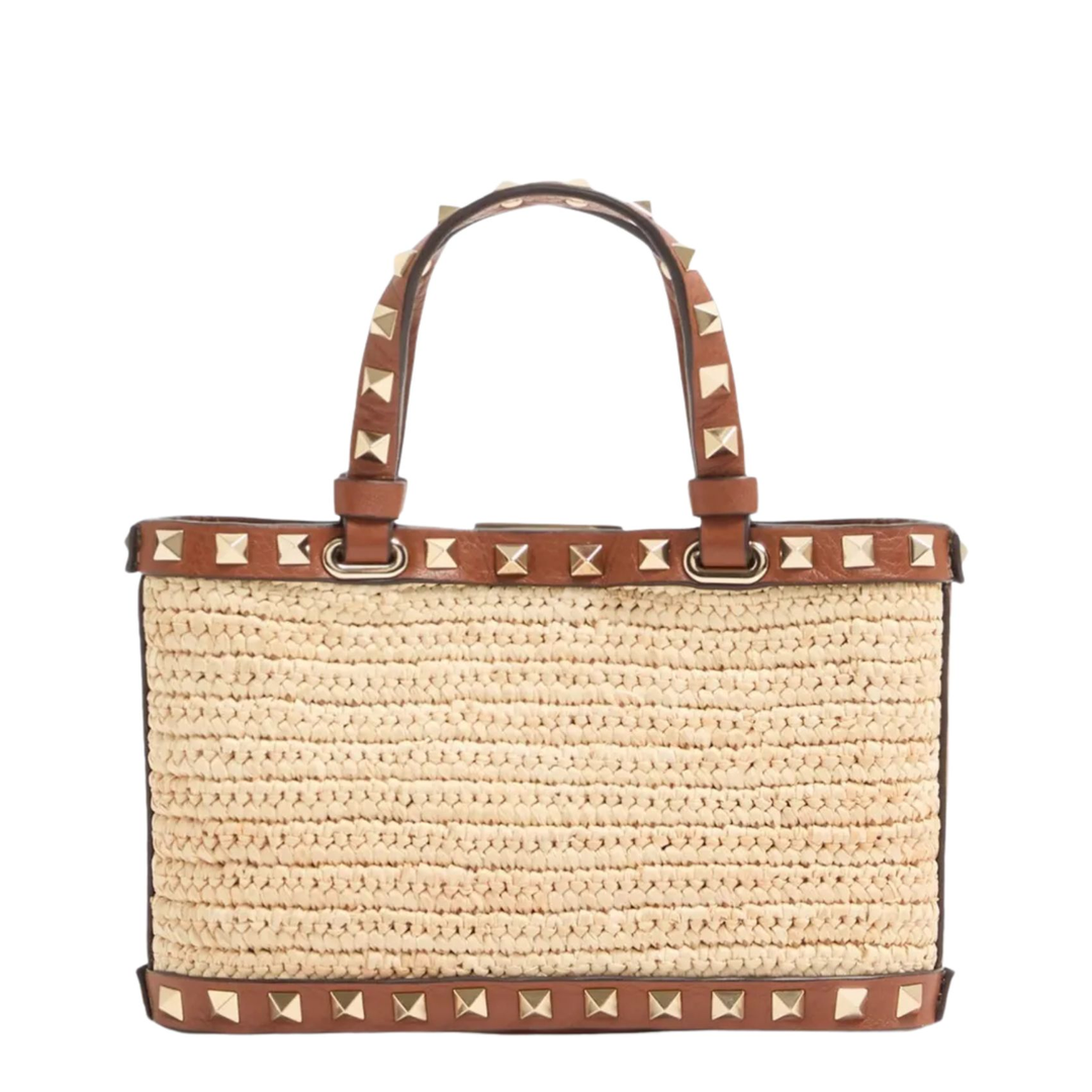 Rockstud Mini Raffia Shopping Bag - Natural/Saddle Brown - Image 1