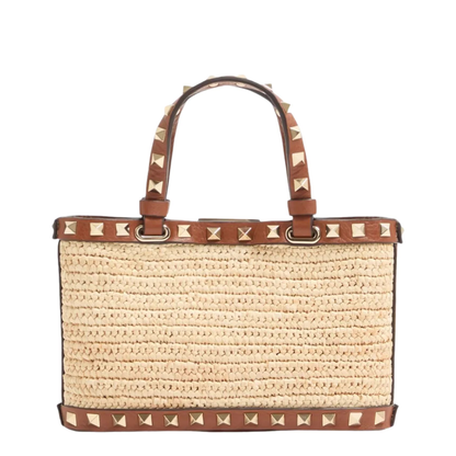 Rockstud Mini Raffia Shopping Bag - Natural/Saddle Brown - Image 1