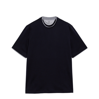 Crew-neck Cotton Jersey T-shirt with Faux Layering, Cobalt - Image 1