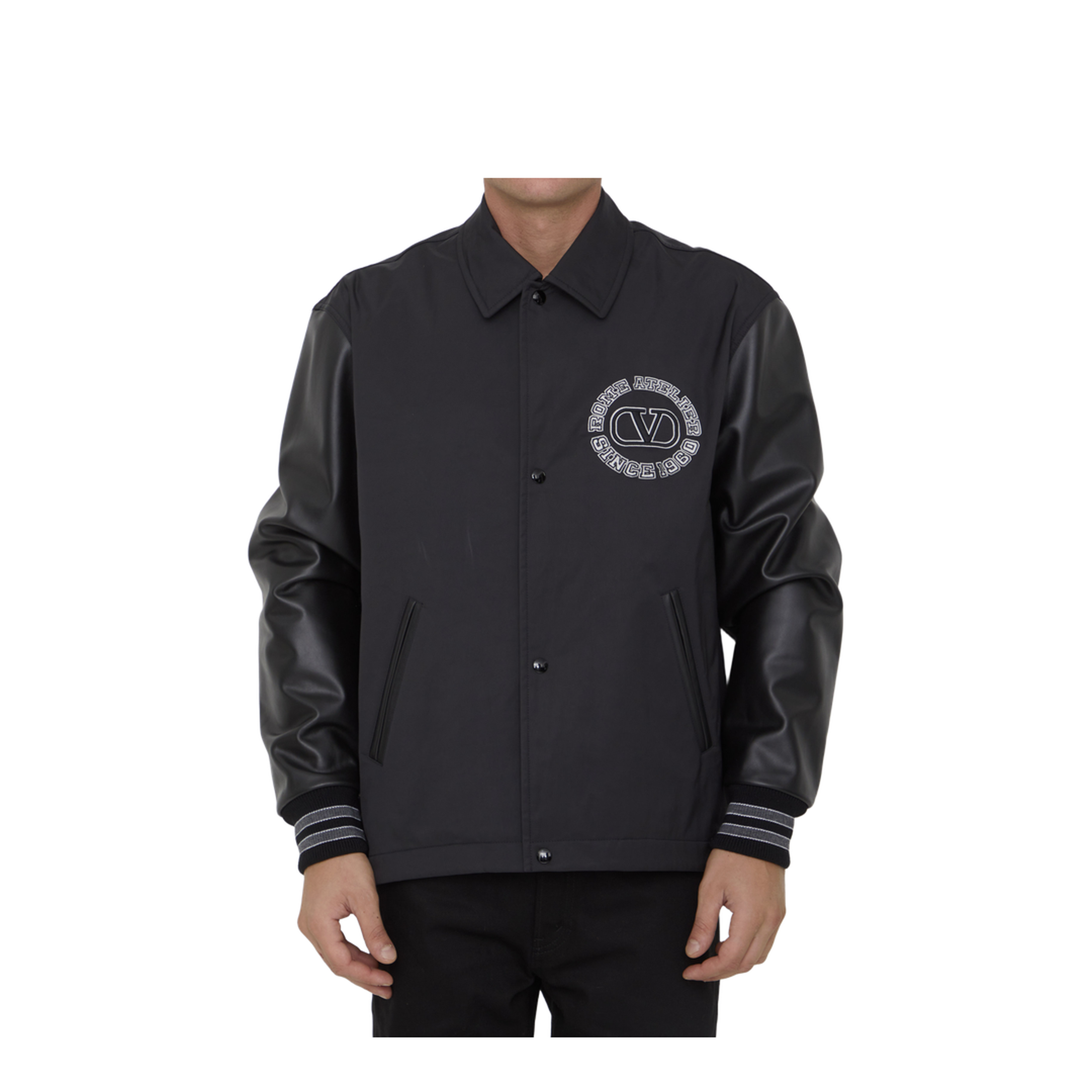 Black Leather Sleeves Nylon Bomber - Image 1