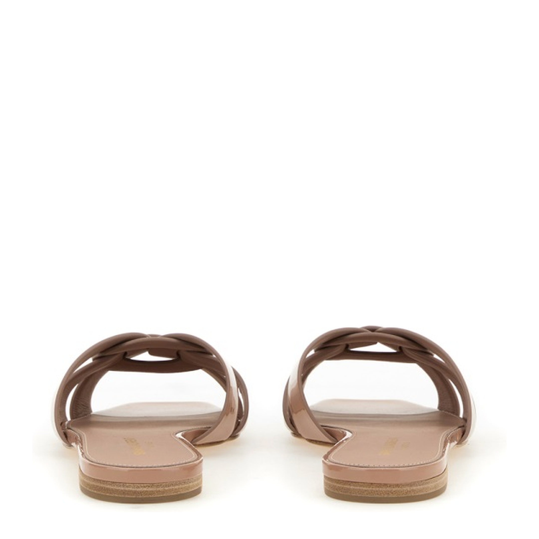 Powder Pink Leather Patent Finish Square Open Toe Multi-Way Strap Design Flat Sole Slip-On Style - Image 10