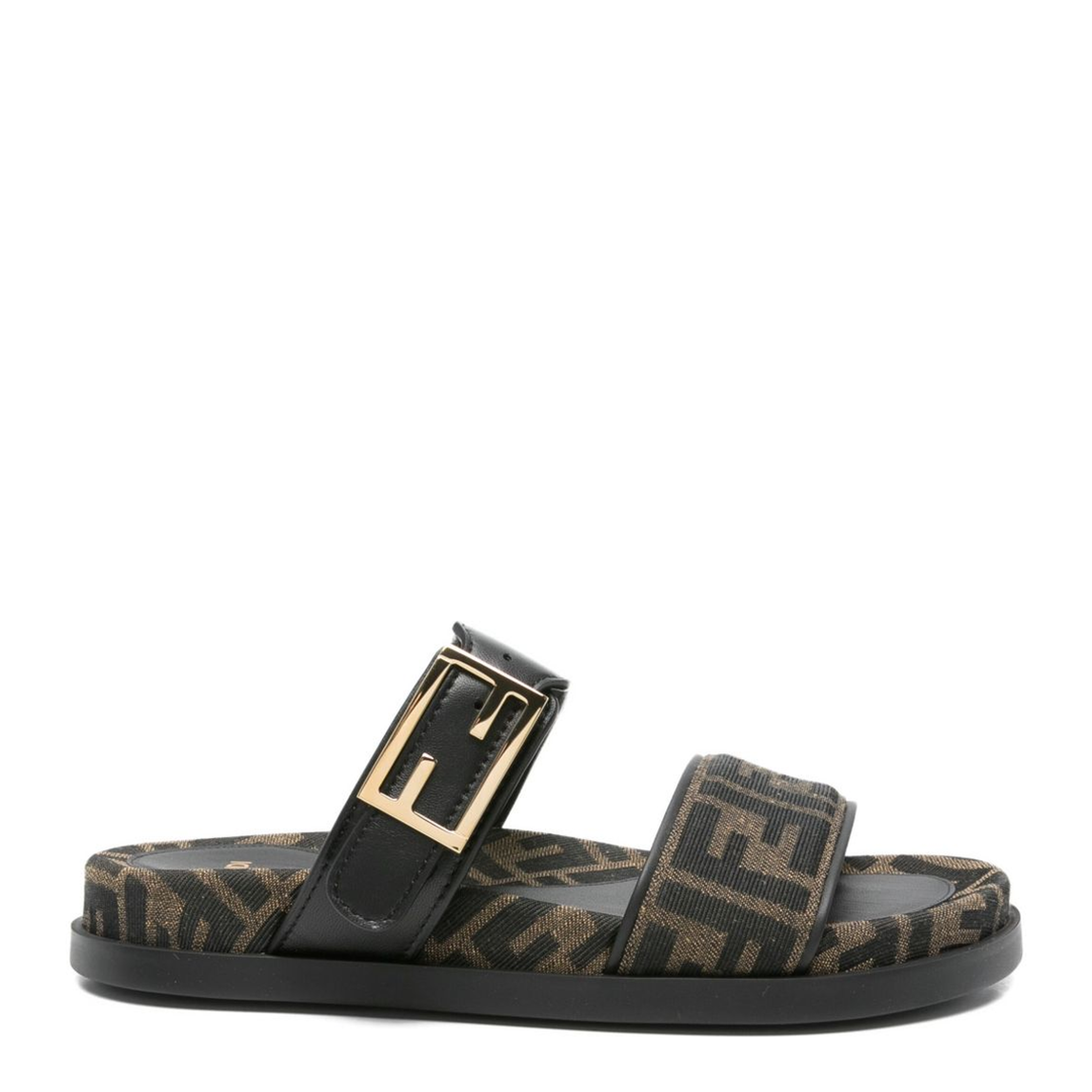 Black FF-Logo Pattern Double Strap Design Buckle Detail Flat Sole Leather Trim - Image 1