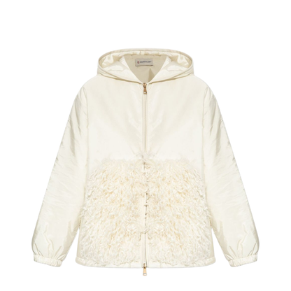White Teddy-Trimmed Padded Zip-Up Hoodie - Image 1