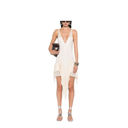 Ivory Ruffled Hem Asymmetric Cut Sleeveless V-Neck Top - Image 2