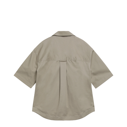 Beige Cotton Short Sleeve Camp Collar Wide Shirt - Image 2