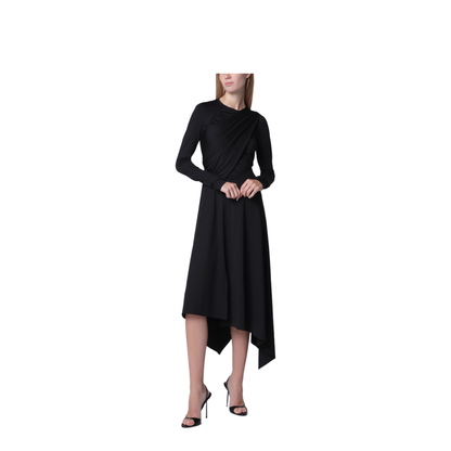 Asymmetric Draped Dress in Black Stretch Fabric - Image 1