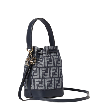 Mon Tresor Mini FF Jacquard Denim-Effect Bucket Bag - Dark Blue - Image 1