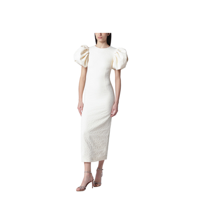 Midi Balloon Jacquard Dress in White - Image 1
