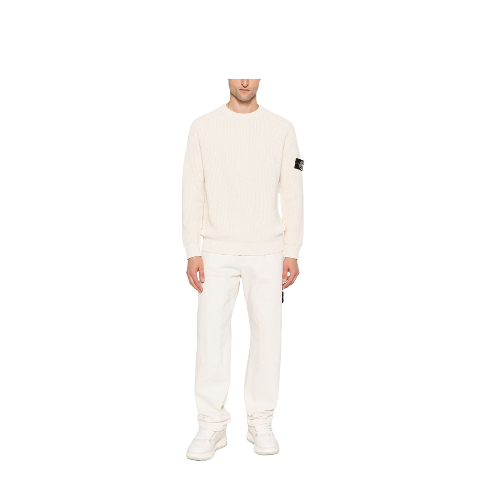 Beige Ribbed Knit Crew Neck Long Sleeves Compass Badge Cotton - Image 5