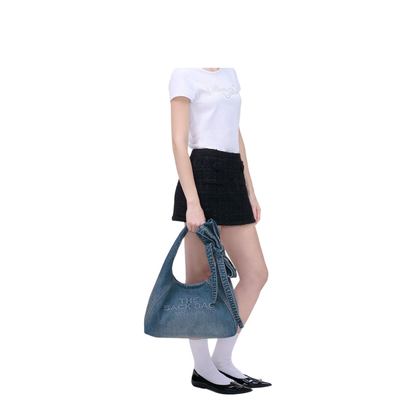 The Bow Medium Denim Sack Bag - Medium Wash Indigo - Image 2