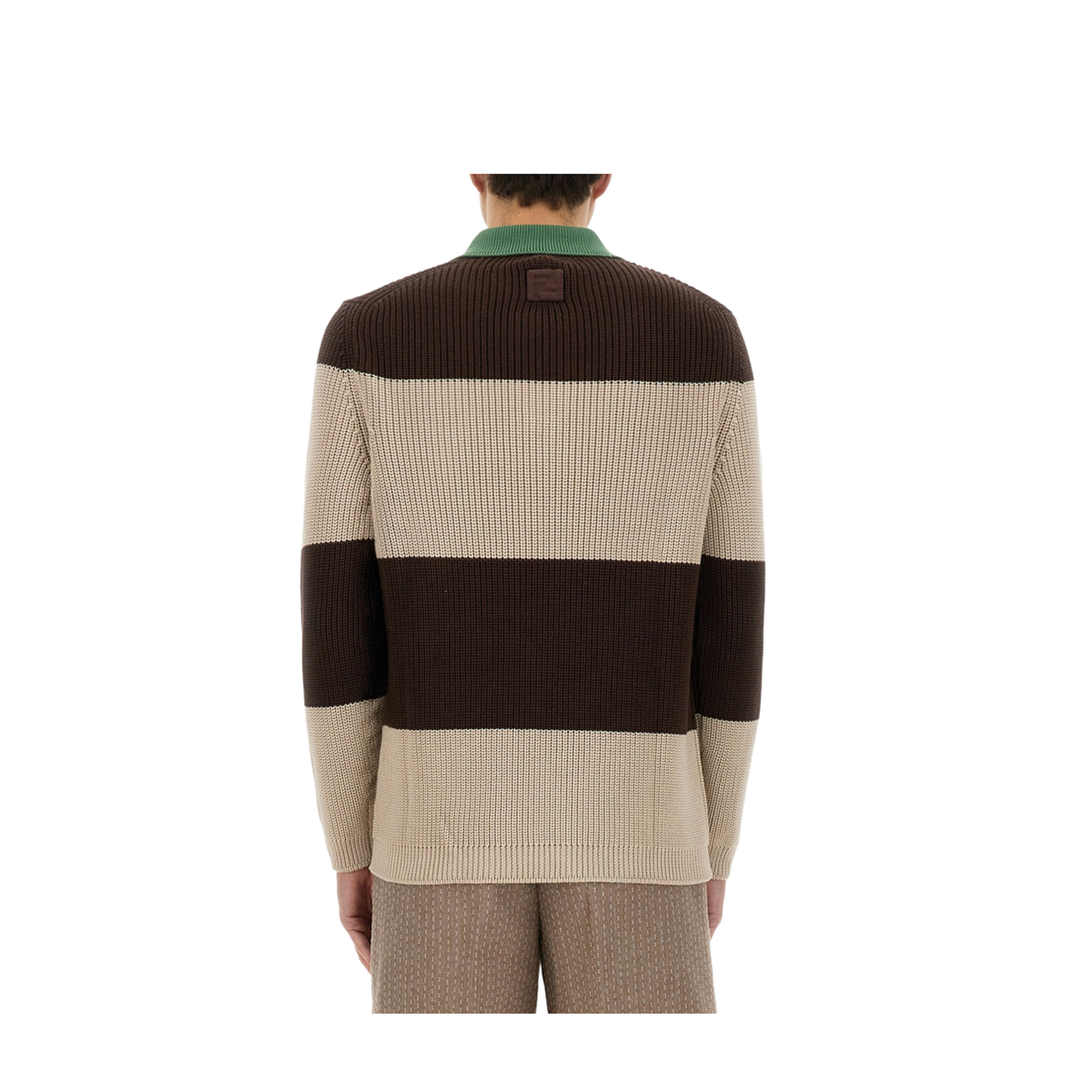 Knitted Cotton Polo Shirt with Brown and Beige Stripes - Image 3