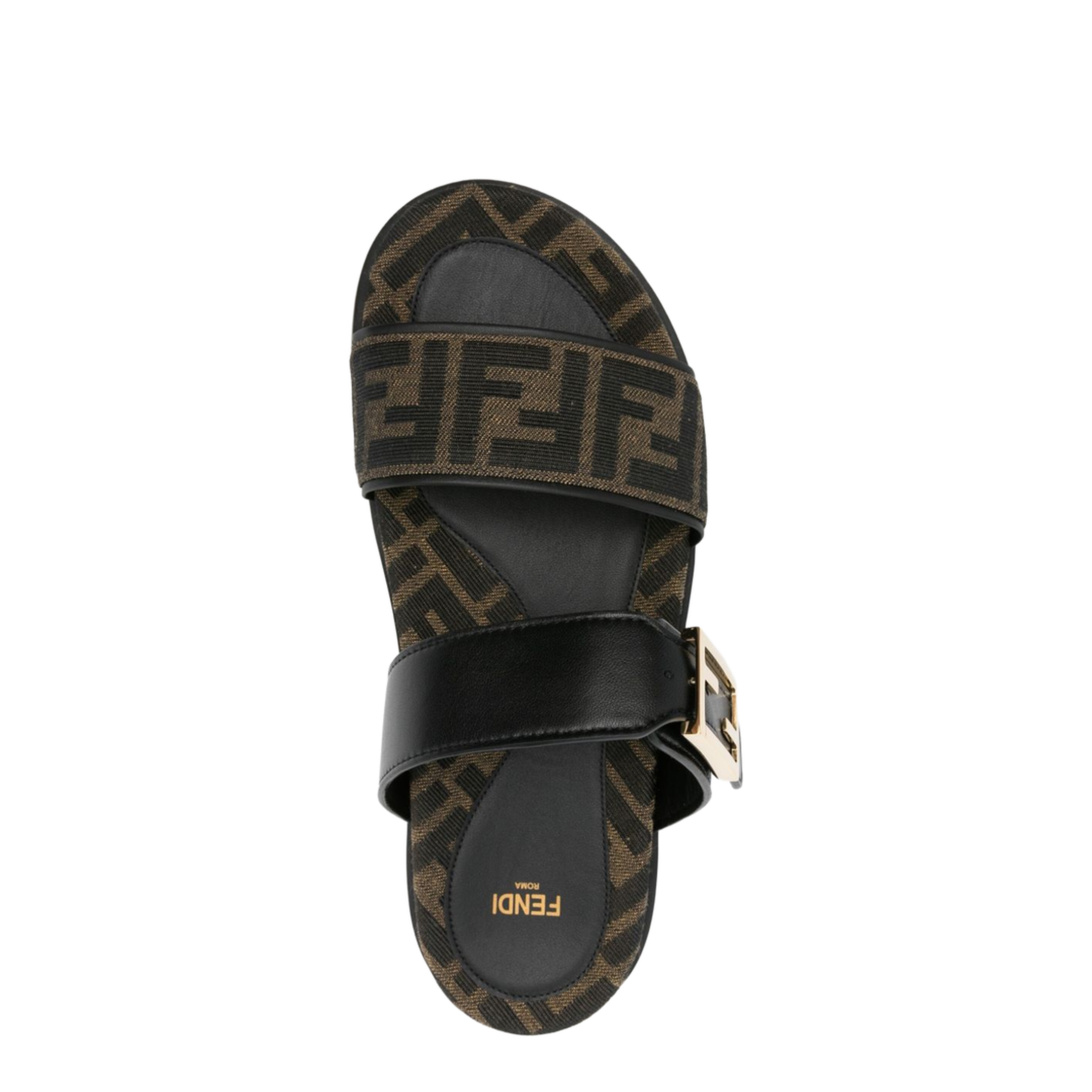 Black FF-Logo Pattern Double Strap Design Buckle Detail Flat Sole Leather Trim - Image 4